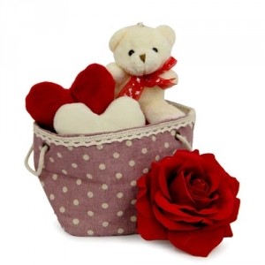 2 Valentine hearts Teddy in basket with Single Red Rose